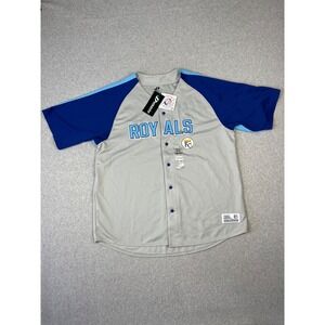 Kansas City Royals Baseball Jersey Mens 2XL Gray Blue MLB Dynasty Button Up‎
